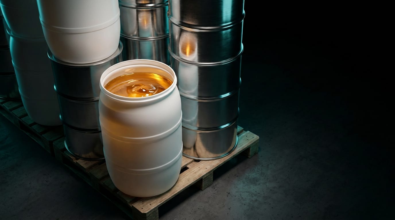 Food-grade drums staged on a pallet, one open showing clear golden concentrate.