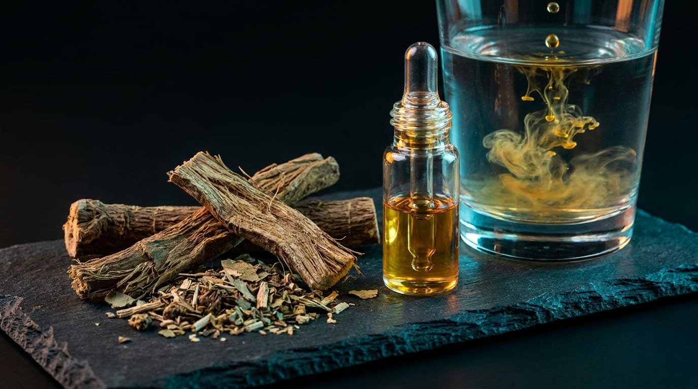 Dried kava root beside a vial of golden extract dispersing into a glass of water.