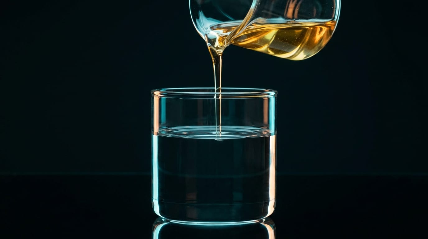 Golden cannabinoid distillate poured into a beaker of water that stays completely clear.