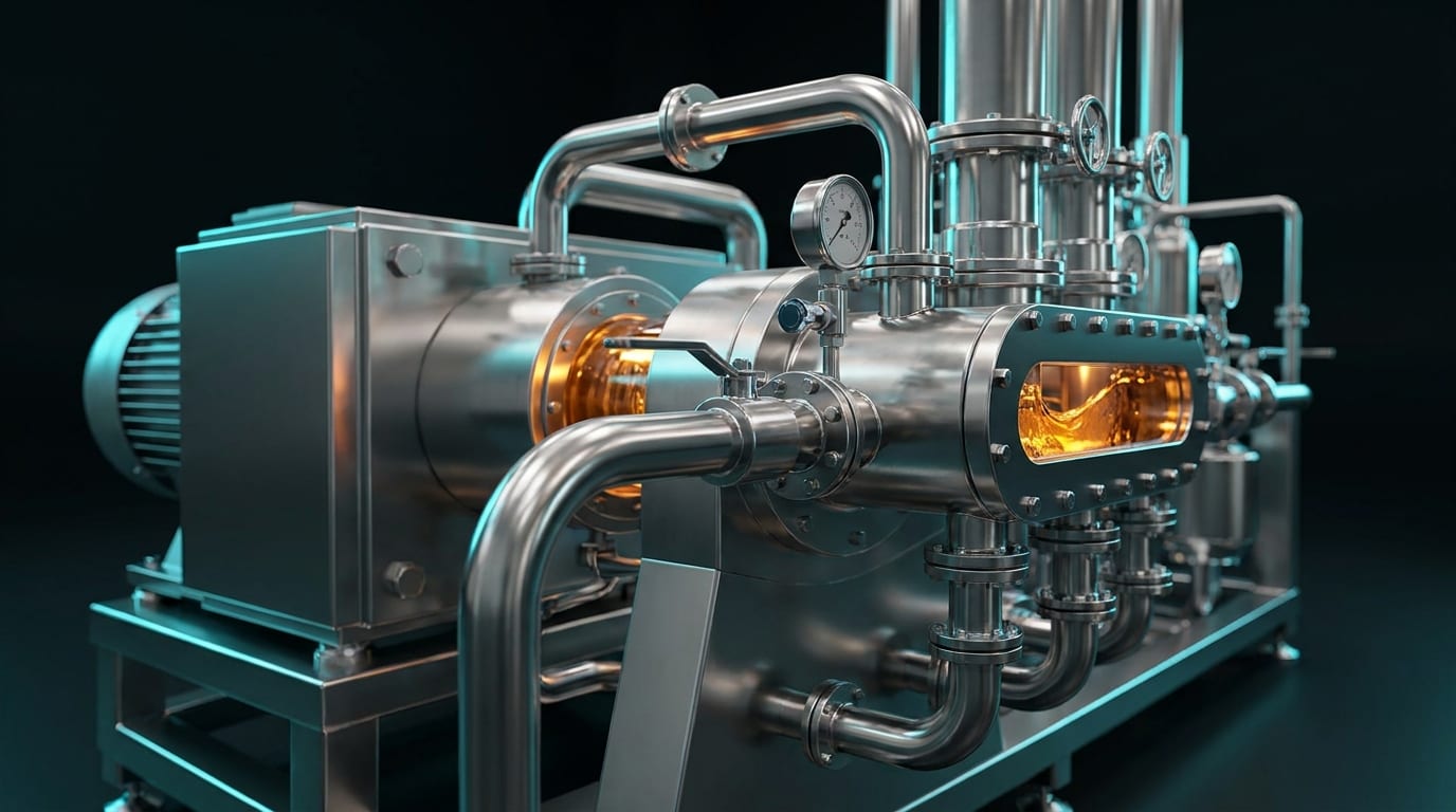 Stainless steel high-pressure processing equipment with golden concentrate visible through the sight glasses.